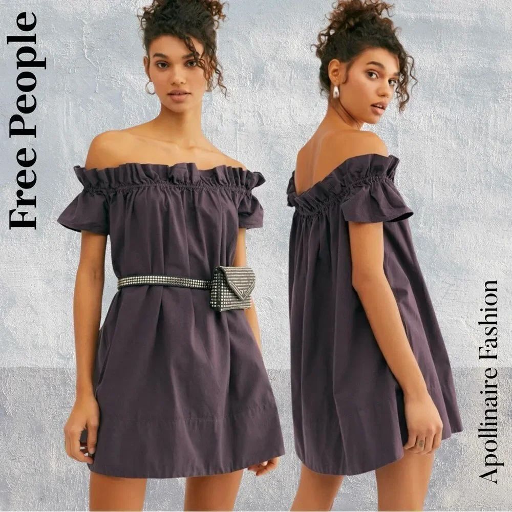 Free People Sophia Ruffled Off-Shoulder Mini Dress in Deep Purple Large NWT